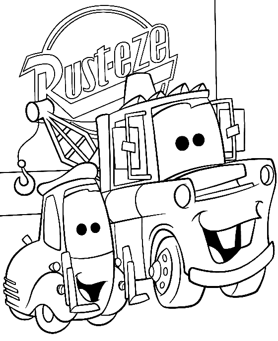 Logotipo de Rust-Eze detrás de Mater de Disney Cars de Disney Cars