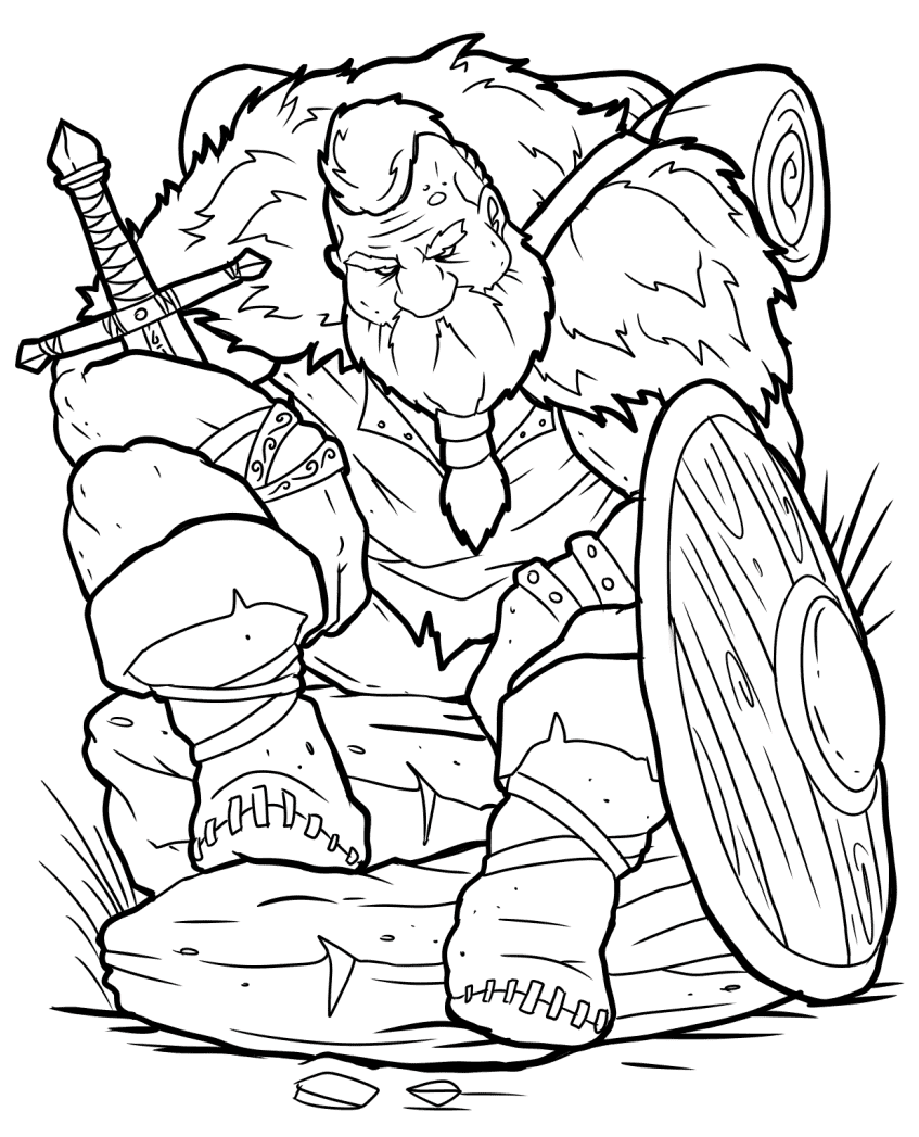 Vikingo con espada y escudo Página para colorear