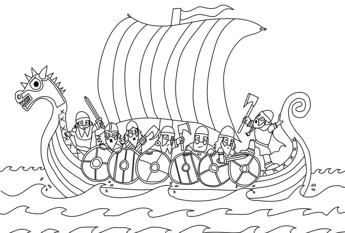 Раскраска Викинги на лодке