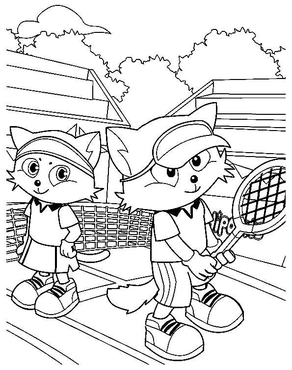 Página para colorir de torneio de tênis de gatos