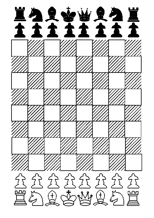 Página para colorir de tabuleiro de xadrez com peças de xadrez