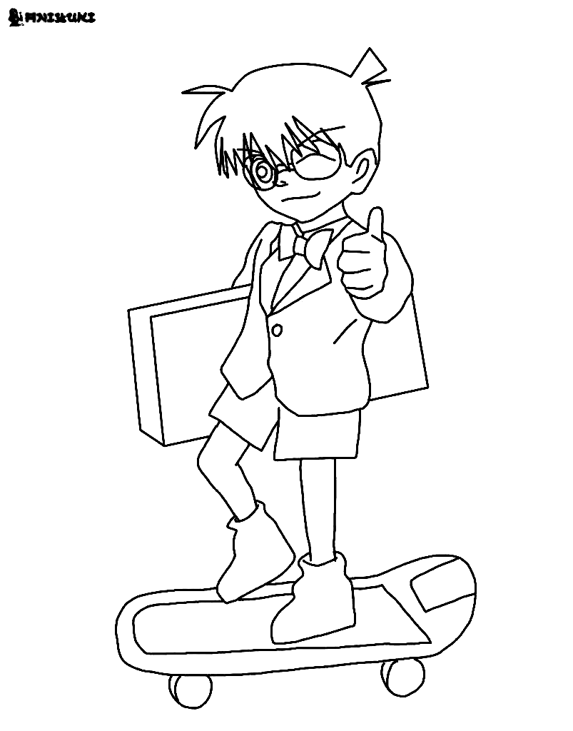 Conan Edogawa op een skateboard kleurplaat
