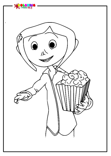 Coraline houdt popcorn vast