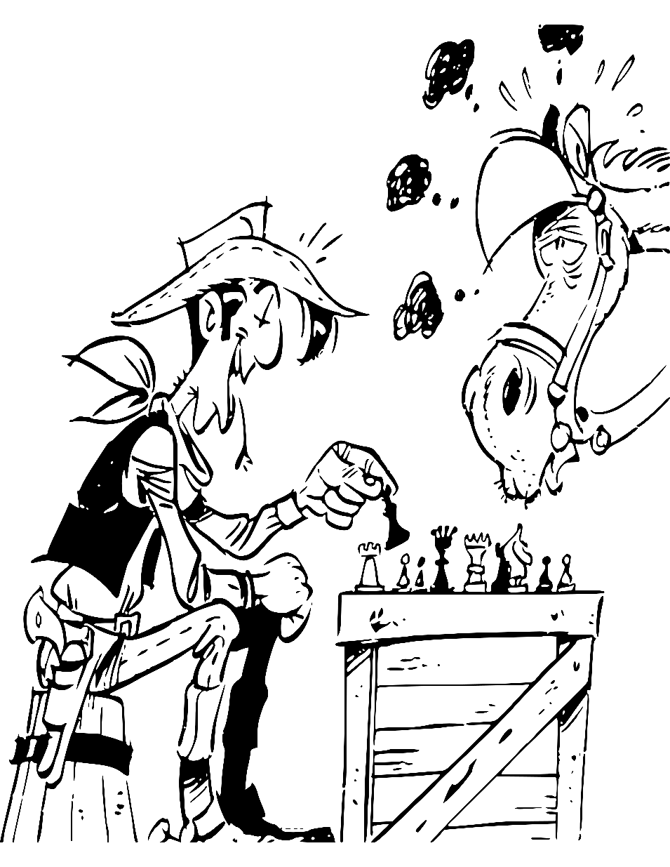 Cowboy and Horse Playing Chess Coloring Page