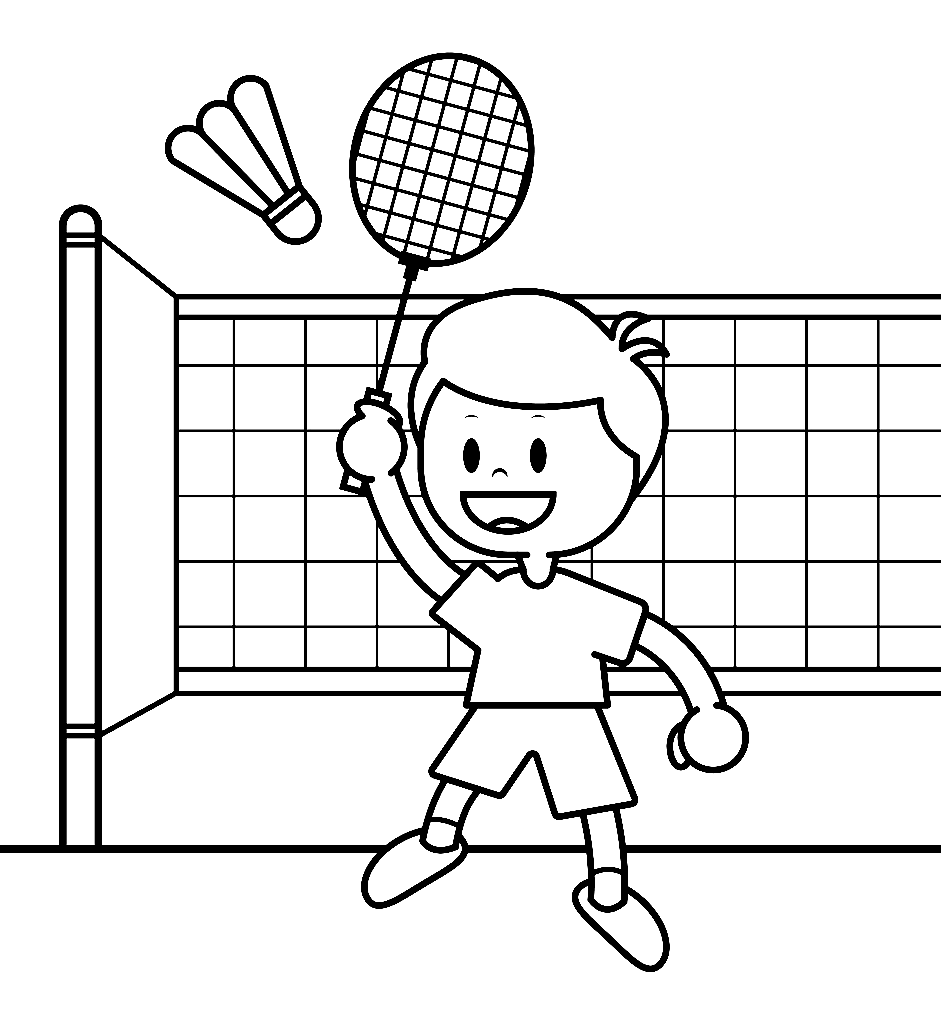 Desenho de menino bonito jogando badminton para colorir