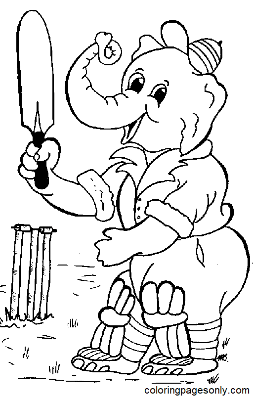 Cute Elephant Playing Cricket Coloring Page