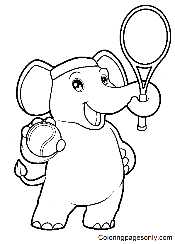 Página para colorir de elefante fofo jogando tênis