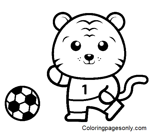Coloriage tigre mignon jouant au football