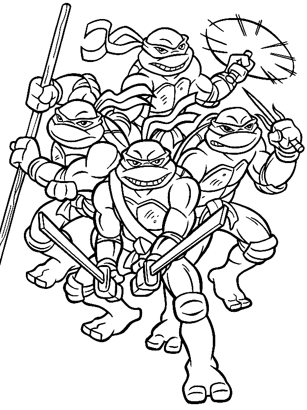 Pagina da colorare di quattro tartarughe ninja
