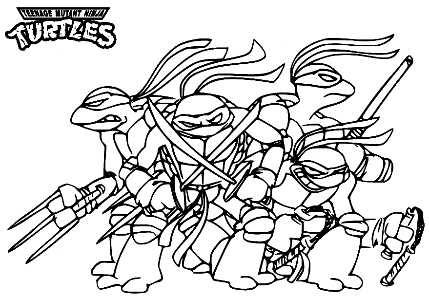 Vier Ninja Turtles met hun wapens uit Ninja Turtles