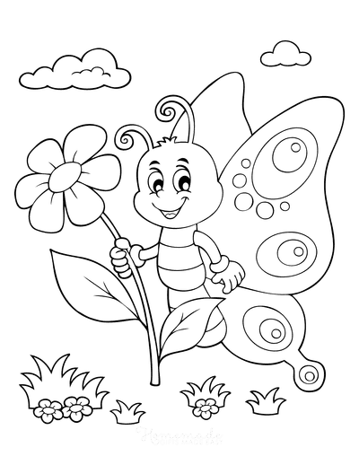 Happy Butterfly with Flower Coloring Page