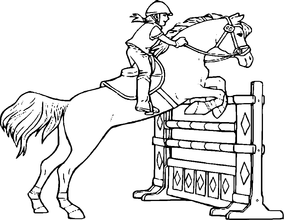 Desenho de corrida de cavalos sobre um obstáculo para colorir