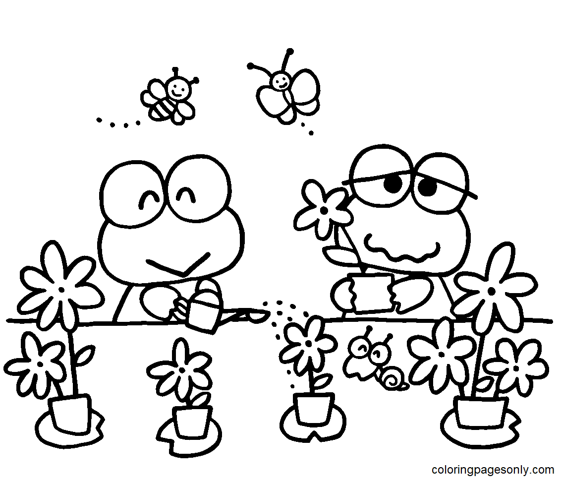 Keroppi watering Flowers Coloring Page