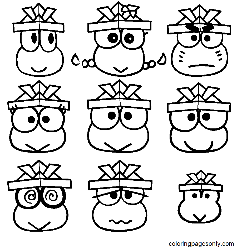 Keroppi with Friends wearing Kabuto Hats Coloring Pages