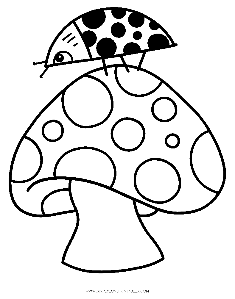 Coccinella sulla pagina da colorare di funghi