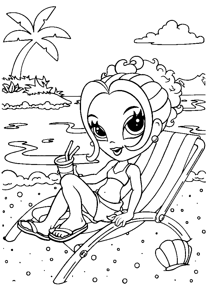 Coloriage Lisa Frank prenant un bain de soleil sur la plage