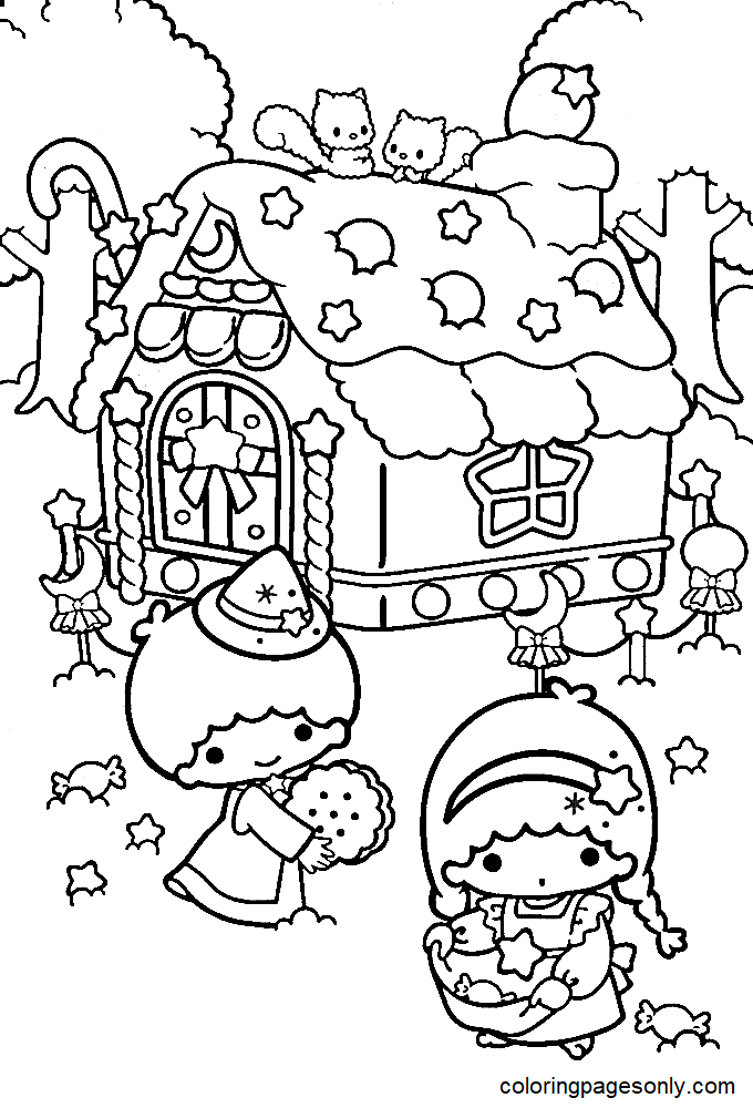 Little Twin Stars and Gingerbread House Coloring Page