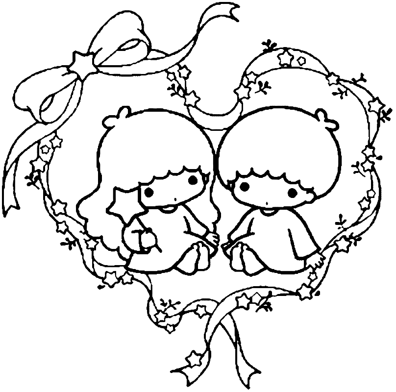 Little Twin Stars in Heart Coloring Page