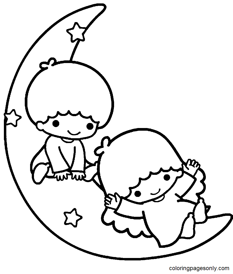 Little Twin Stars on Moon Coloring Pages