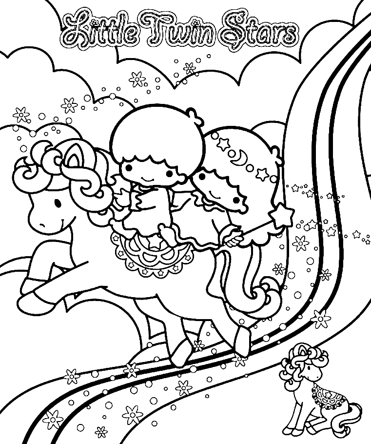 Little Twin Stars on a Horse Coloring Page