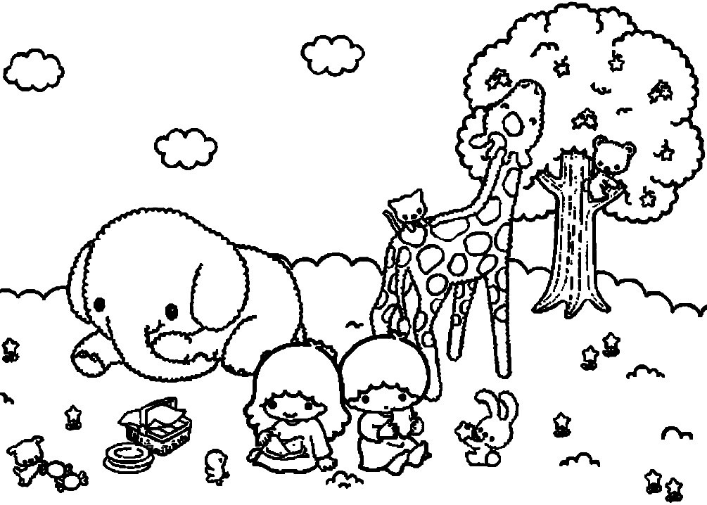 Little Twin Stars with Animals Coloring Page