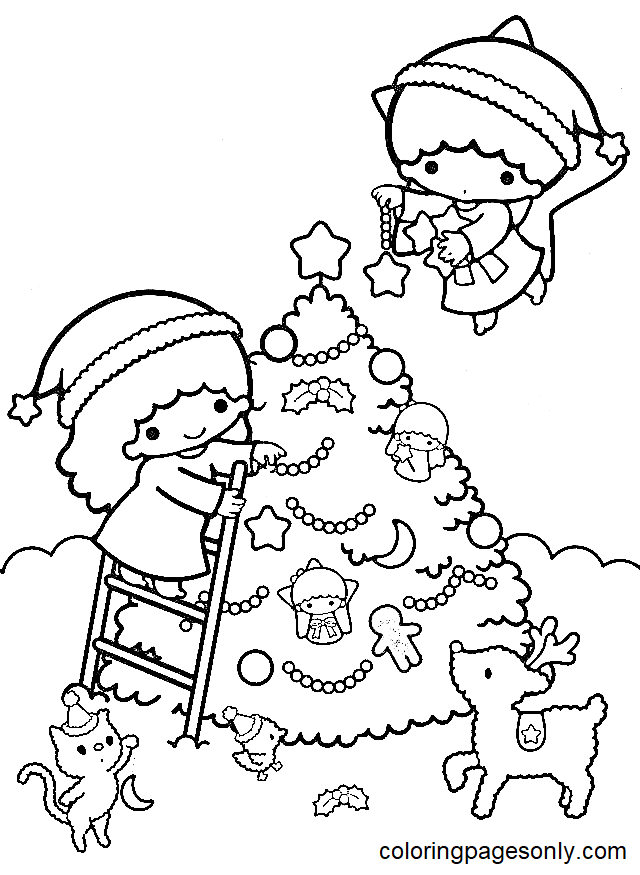 Little Twin Stars with Christmas Tree Coloring Page