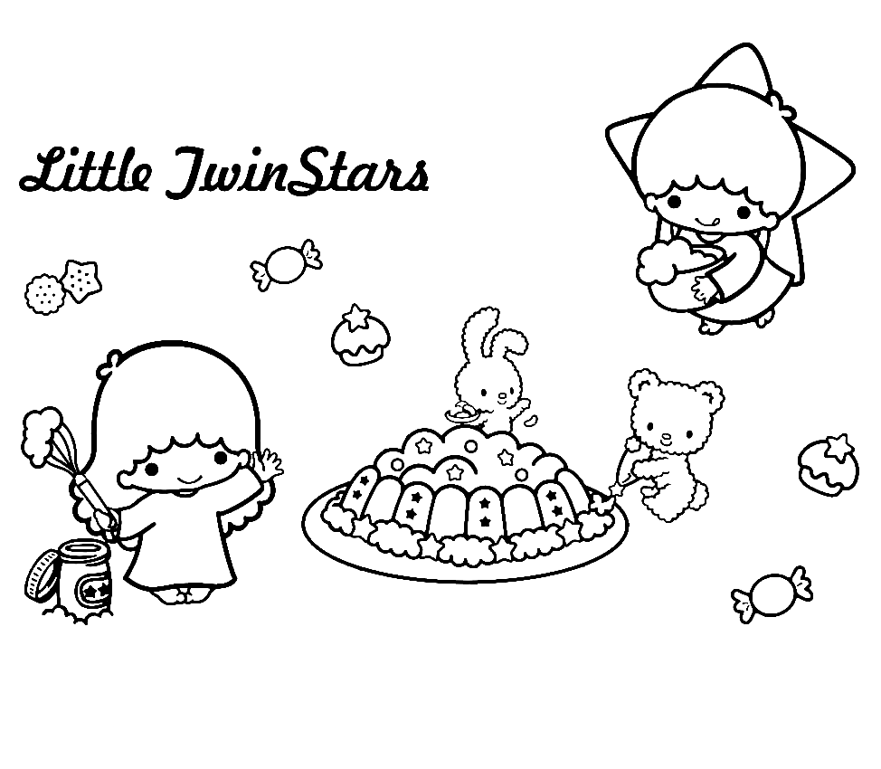 Little Twin Stars with Sweet Cake Coloring Pages