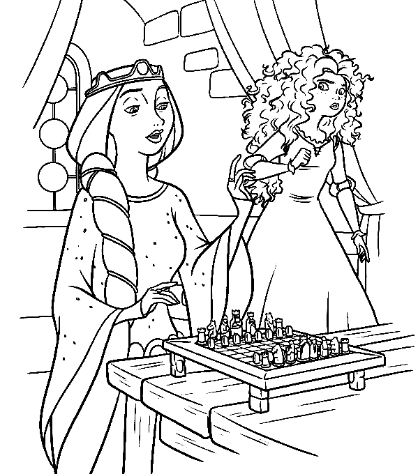 Coloriage Meridas mère jouant aux échecs