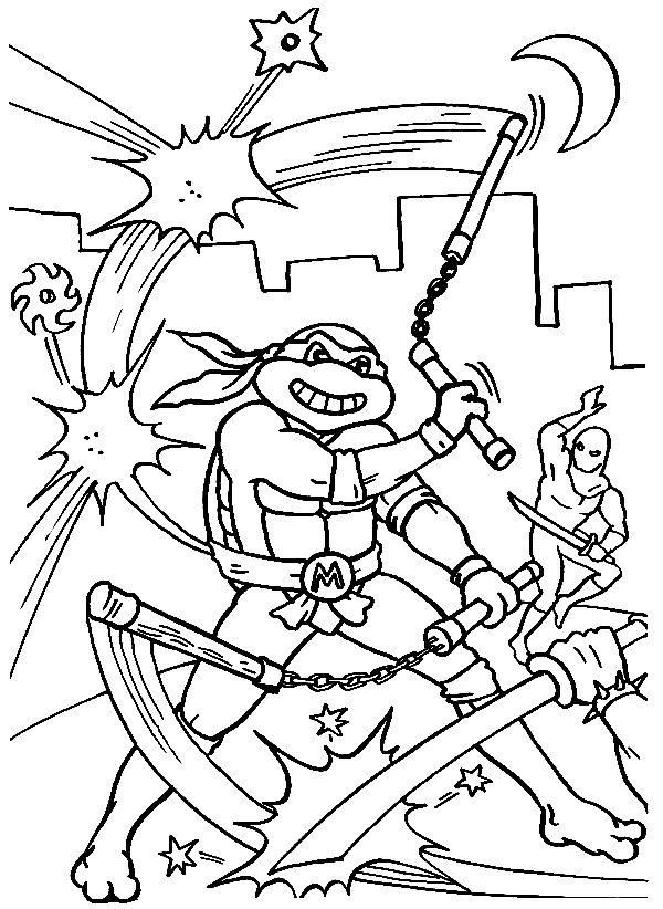Michelangelo Fighting Coloring Page