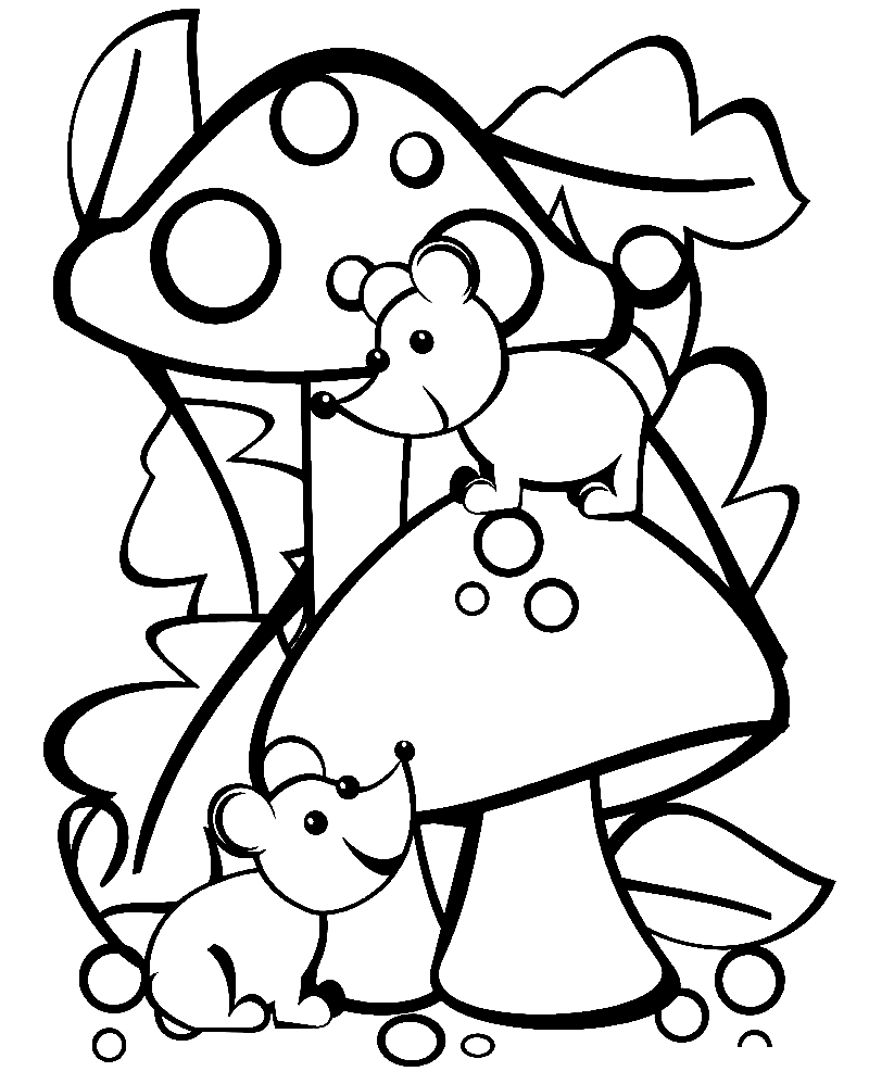 Mushrooms and Two Mice Coloring Page