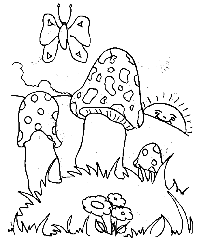 Mushrooms with Butterfly Coloring Pages