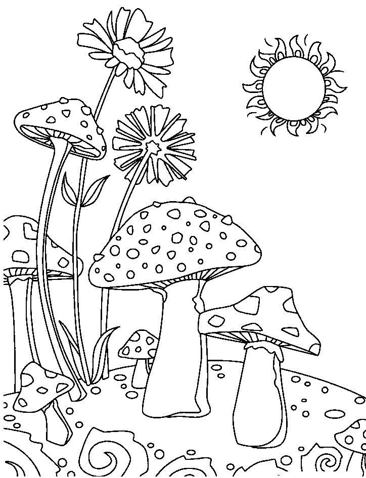 Mushrooms with Sun Coloring Page