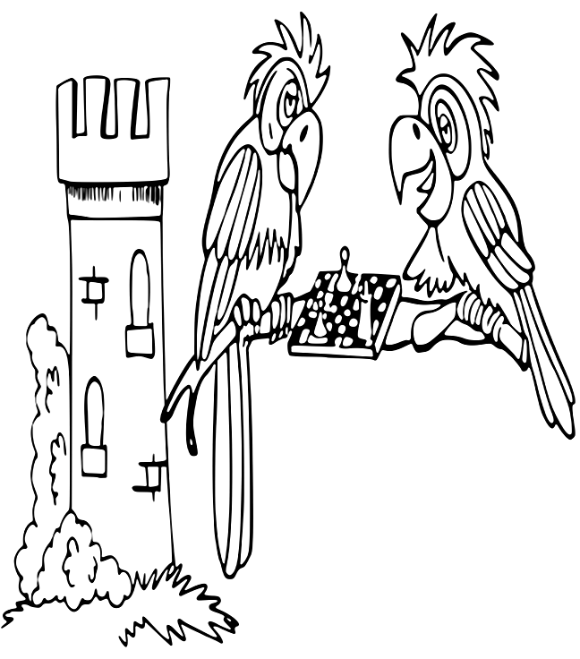 Parrots Playing Chess Coloring Page