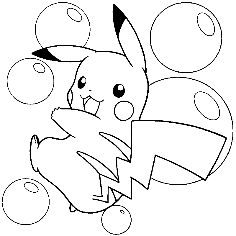 Pikachu speelt bubbels van Pokemon-personages