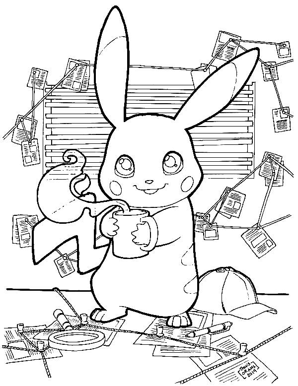 Pikachu with Coffee Coloring Page