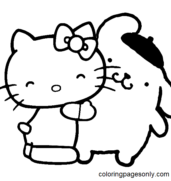 Pompompurin and Hello Kitty Coloring Page