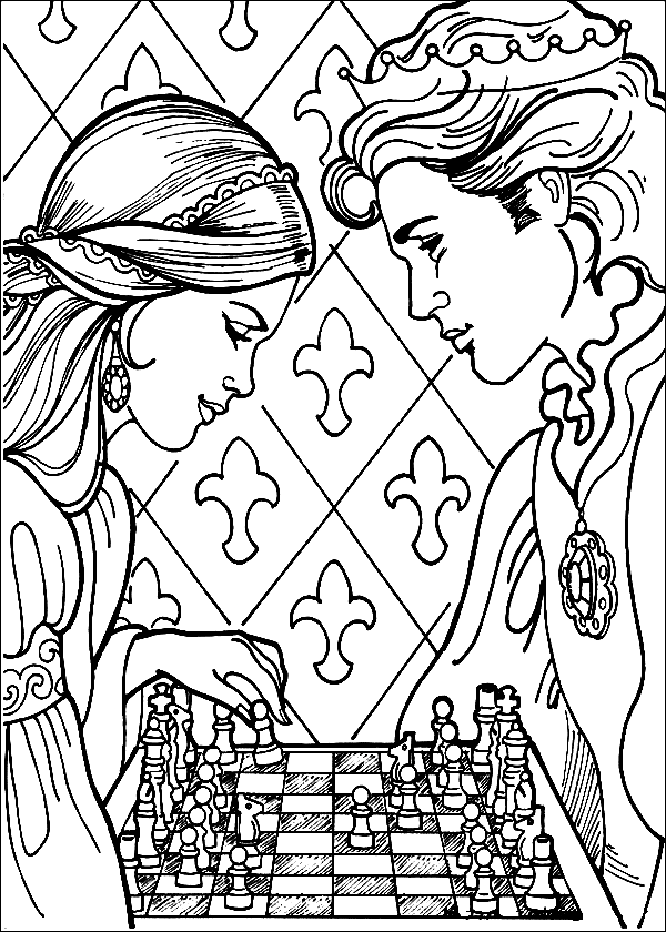 Desenho para colorir de princesa e príncipe jogando xadrez