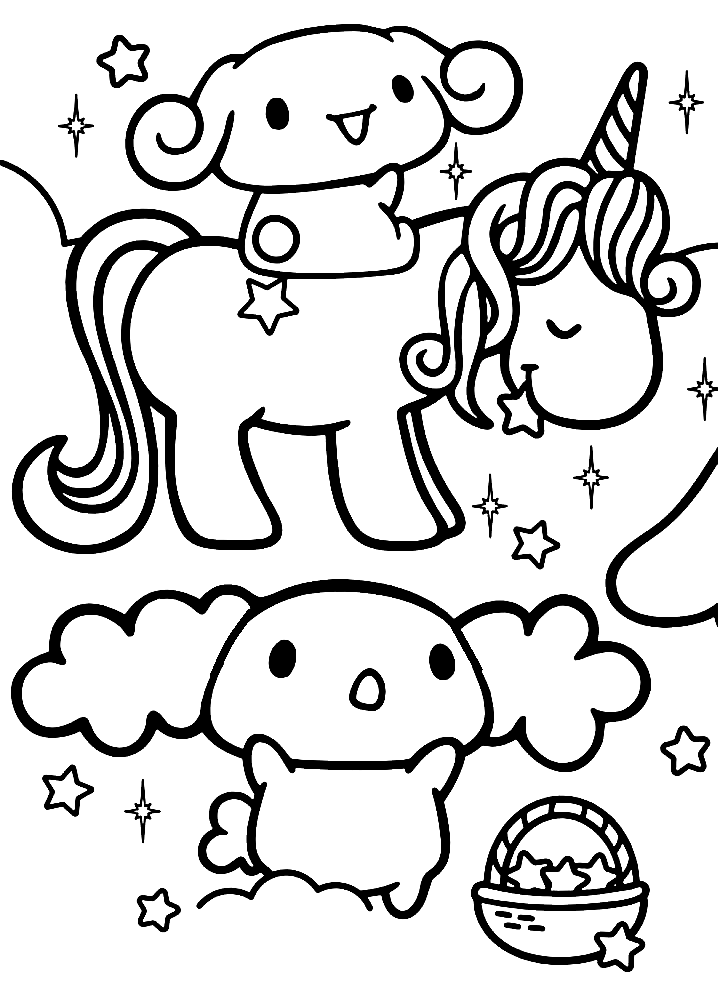 Printable Cinnamoroll with Unicorn Coloring Pages