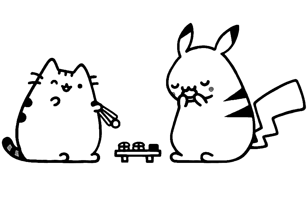 Pagina da colorare Pusheen Cat e Pikachu
