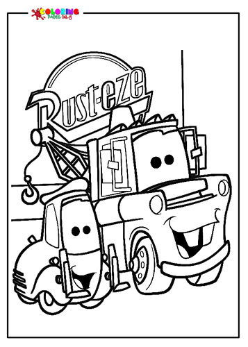 Rust-Eze-logo achter Mater van Disney Cars