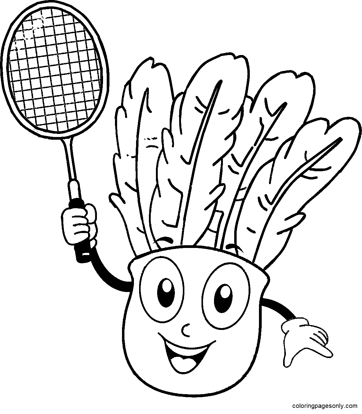 Mascotte del volano che tiene una pagina da colorare della racchetta di badminton