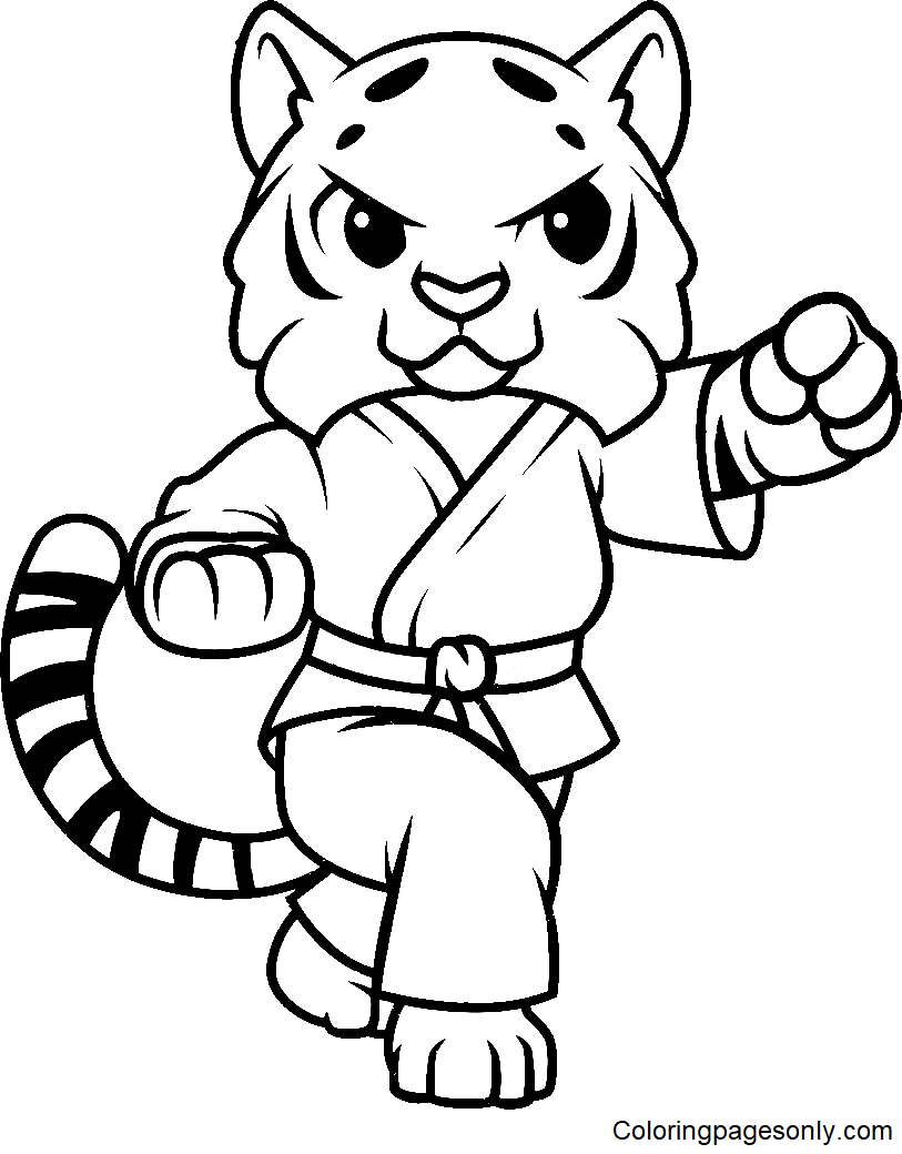 Pagina da colorare di tigre che fa karate