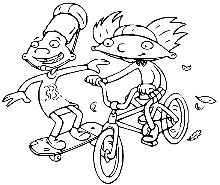 Arnold rijdt op een fiets en Gerald op een skateboard Kleurplaat