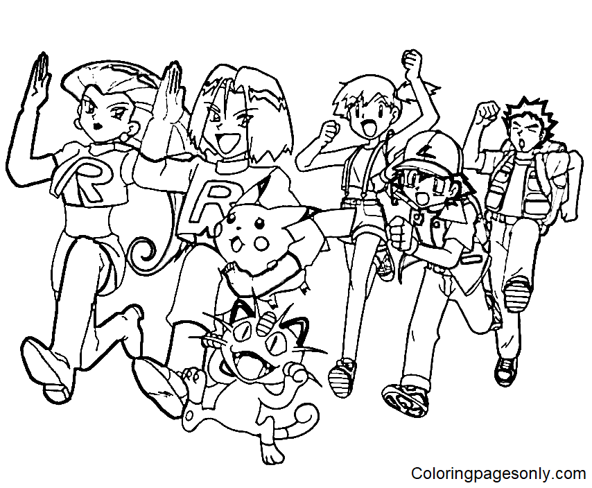 Ash und seine Freunde gegen Team Rocket zum Ausmalen