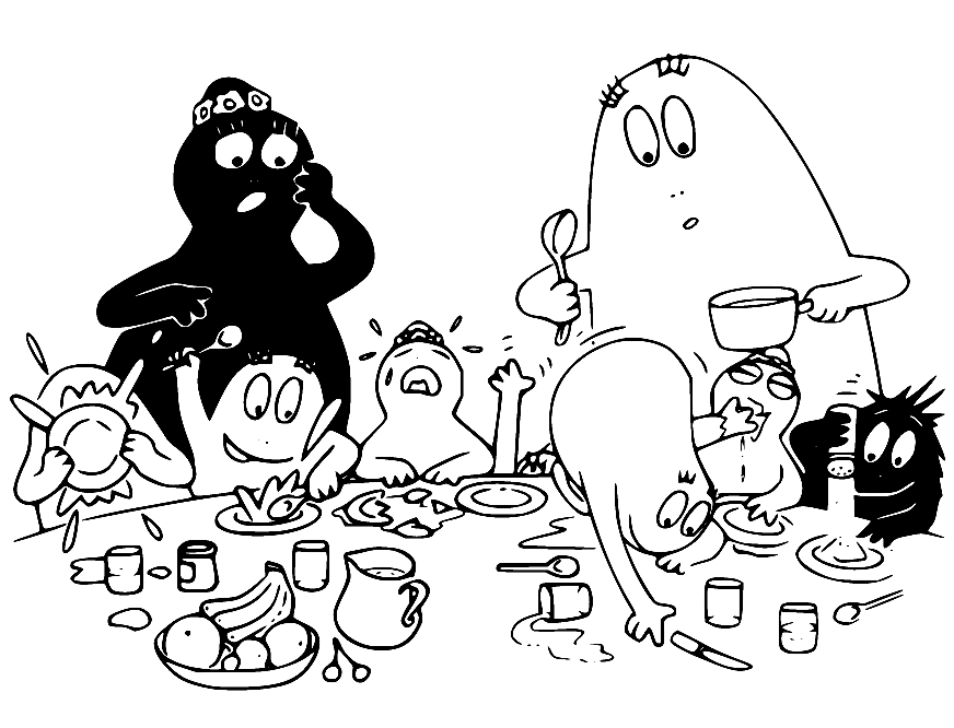 Barbapa-Familie, die Mittagessen-Malseite isst