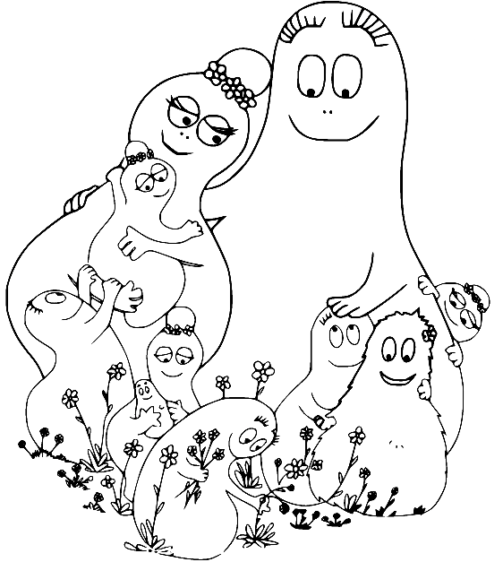 Barbapa Family and Flowers Coloring Page