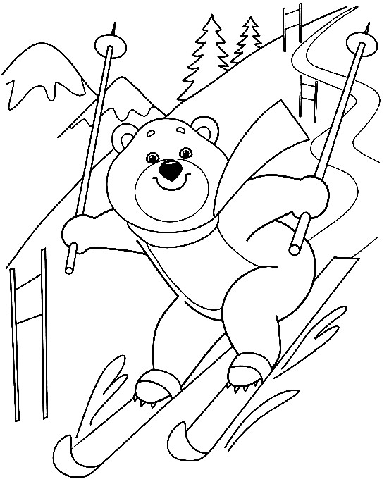 Urso brinca de esqui em esportes de inverno