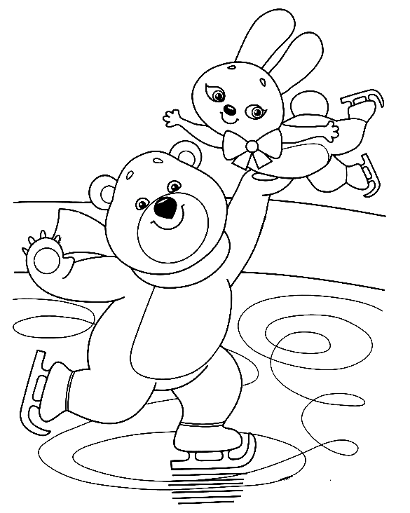 Dibujo para colorear de oso y conejito patinando sobre hielo