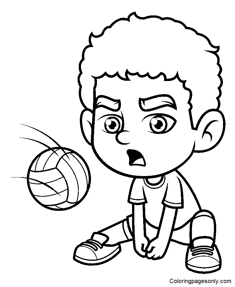 Página para colorear de dibujos animados de niño jugando voleibol
