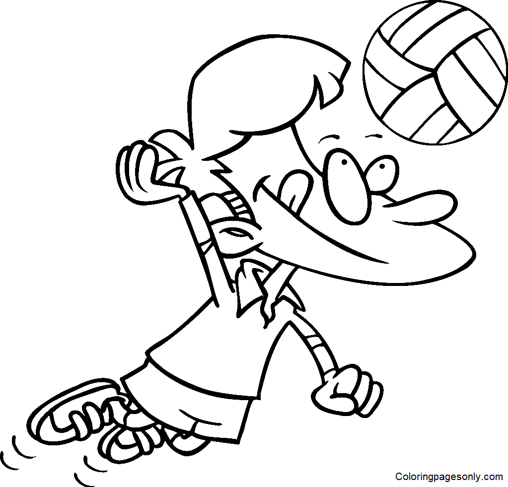 卡通男孩打排球着色页
